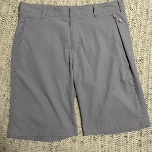 adidas Men's Gray Flat Front Shorts with front and back pockets. Size 32
